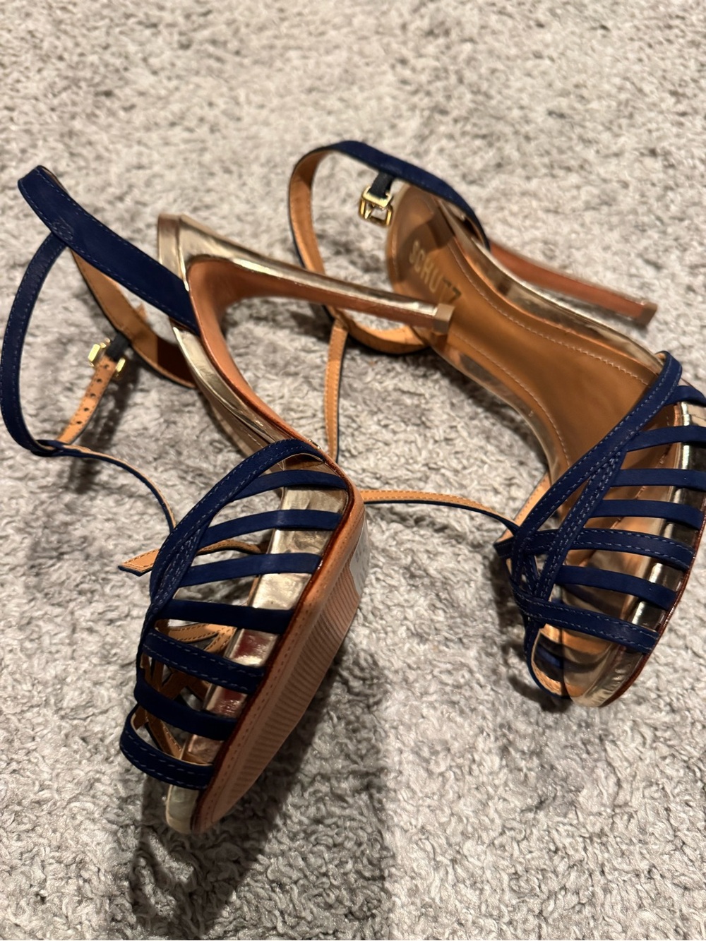 SCHUTZ Navy Strappy T-Bar High Heel Sandals with Gold Footbed - Picture 4 of 9